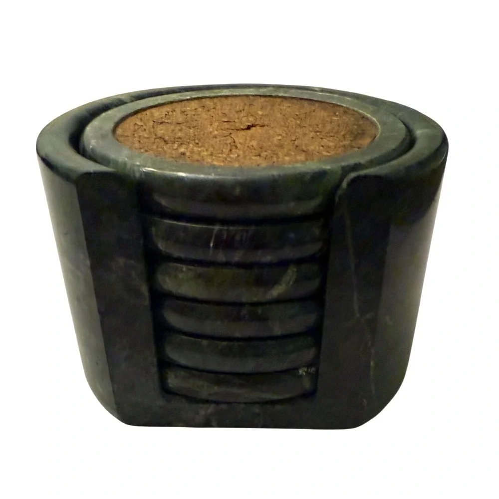 Vintage Dark Green Marble Coaster Set with Cork Inlays and Matching Holder 6pc